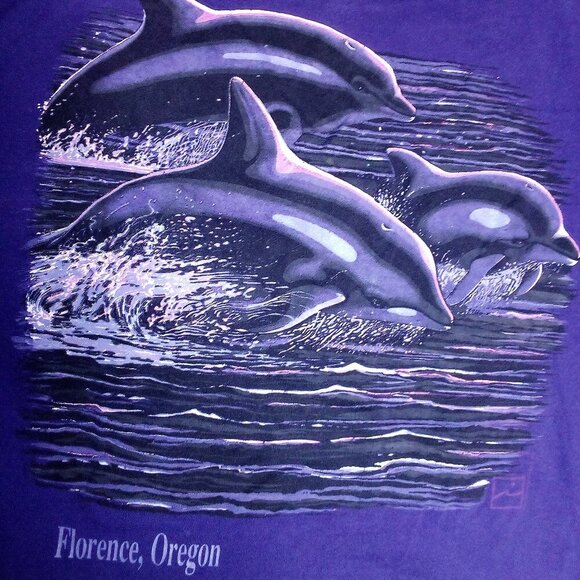 Vintage 80s Neon Dolphins Florence Oregon T-Shirt - Picture 1 of 6